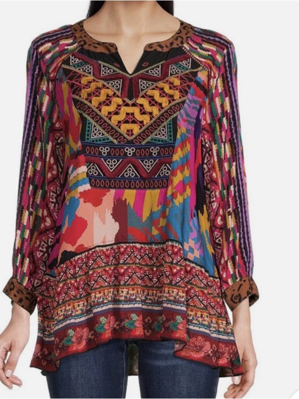 John Mark Women’s Embroidered Geometric V- neck Tunic Size Small